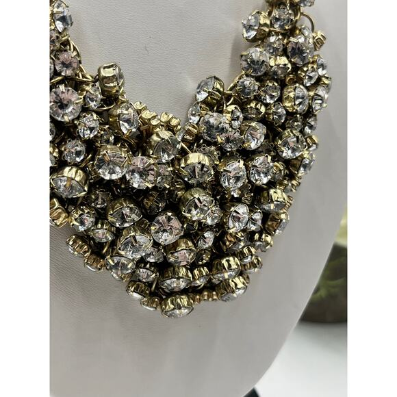 J. Crew Antique Gold Tone Prong Set Rhinestone Cluster Bib Statement Necklace - Picture 9 of 13